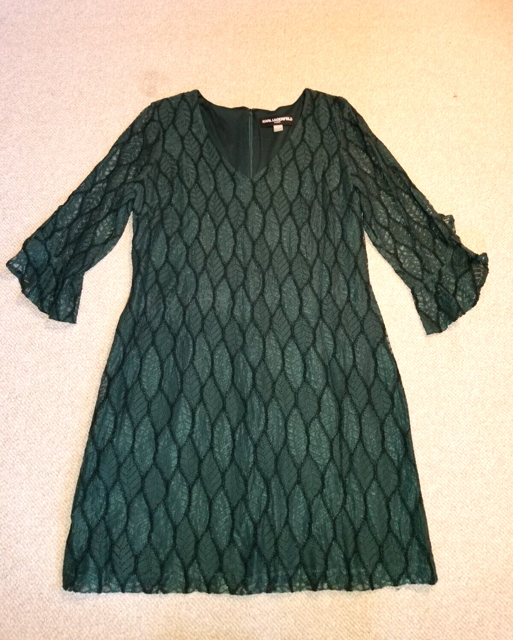 Womens Dress-KARL LAGERFELD-PARIS-green sheer lacey Forest Fairy bell slv 3/4-12